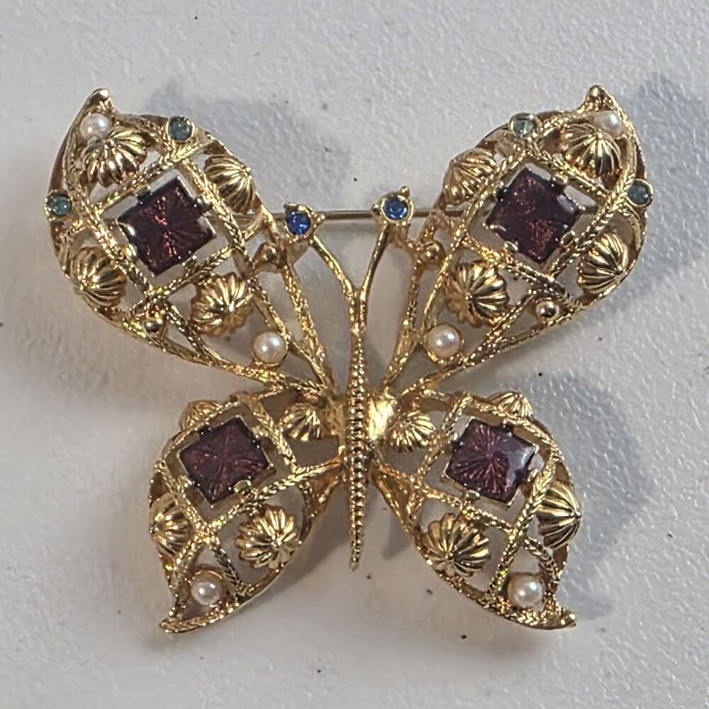 Vintage BUTTERFLY Brooch Pin Enamel Faux Pearl Rhinestone Avon Gold Tone 2 1/4"